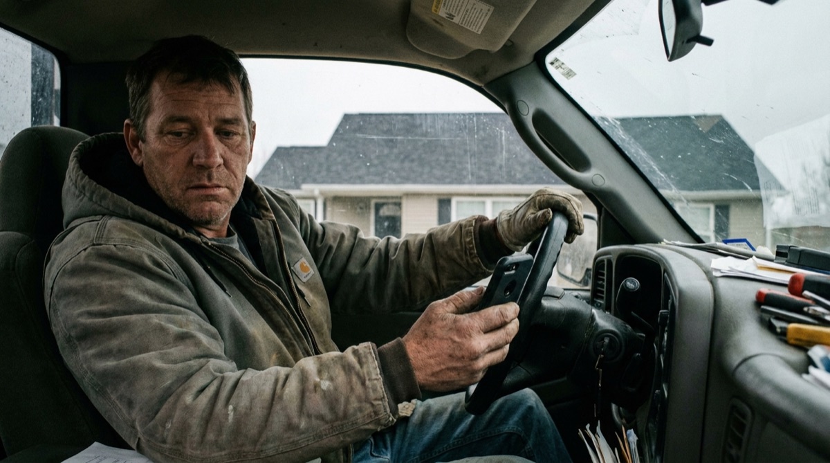 Roofing contractor sitting in his truck checking a phone that has not rung